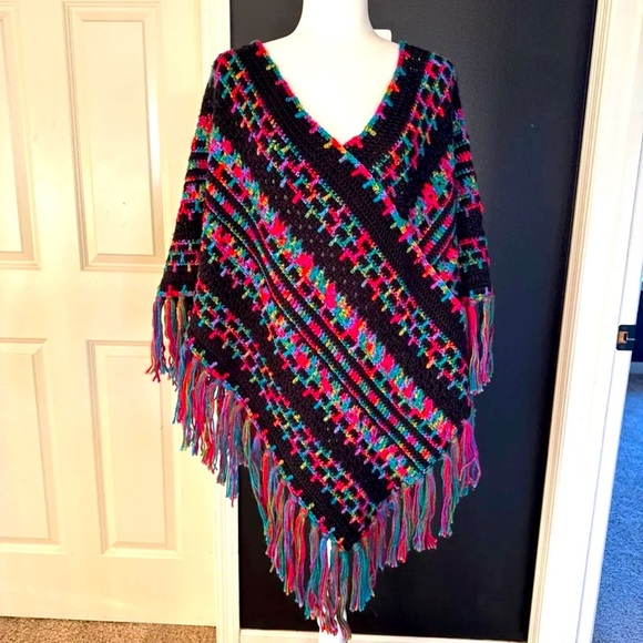 Handmade Sweaters - Hand Knit Rainbow Stripe Poncho 
One size fits all!